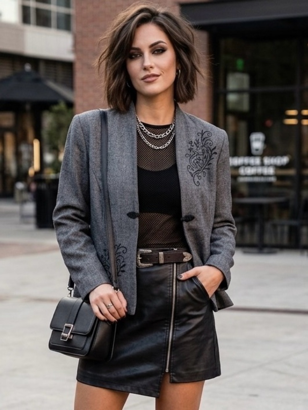 Dorby Gray Embroidered Open-Front Blazer